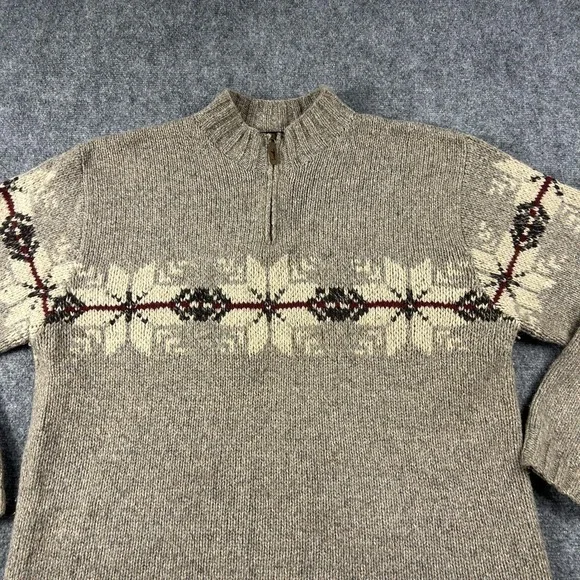 Eddie Bauer Legend Sweater Mens XLT Beige Lambswool Fair Isle 1/4 Zip Pullover